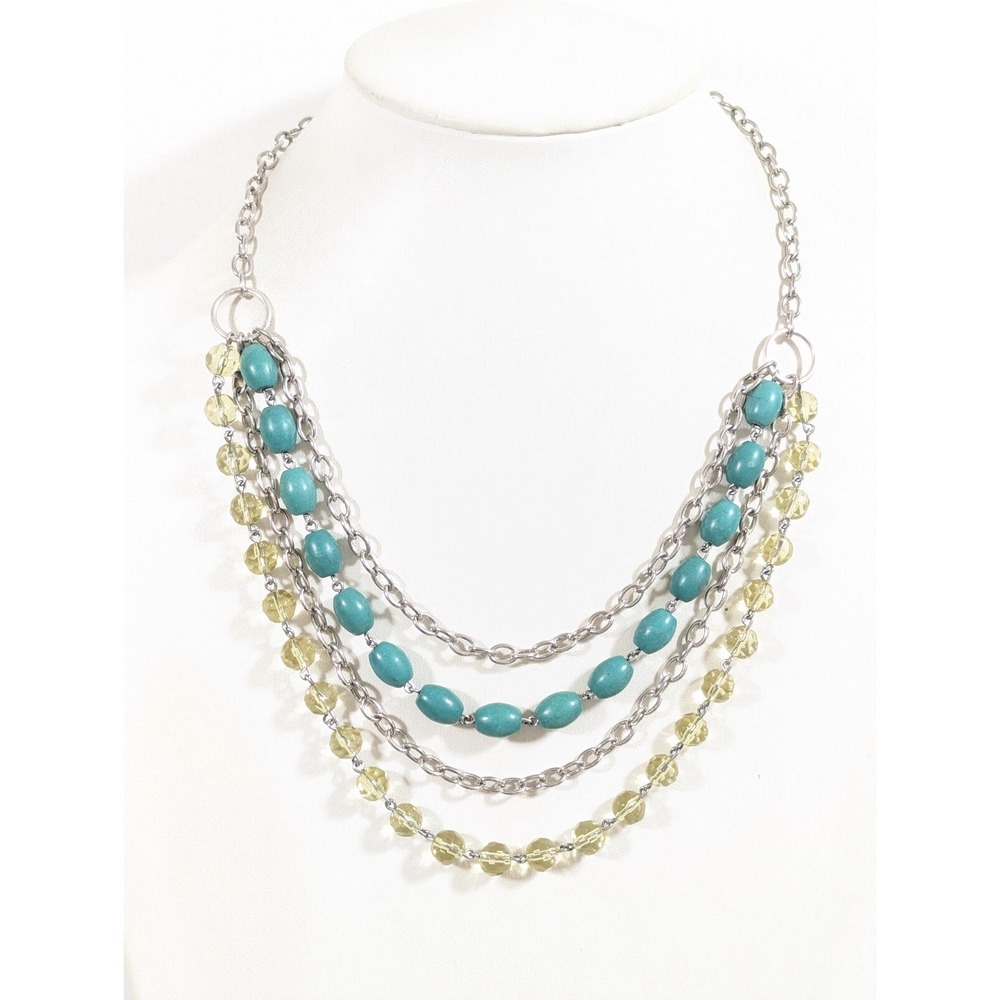 Beachy Coastal Green Glass Stone Bead‎ Layer Silver Tone Chain Necklace 19 in